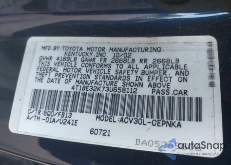 2003 Toyota Camry Le из США, поврежденный, VIN 4T1BE32K73U658112